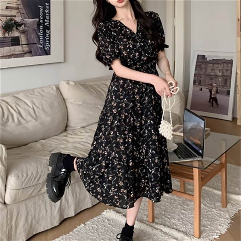 レディース ワンピース ティアードワンピース パフスリーブ 透け感 カシュクール ウエストマーク ミモレ ロング Vネック フレア 大人可..