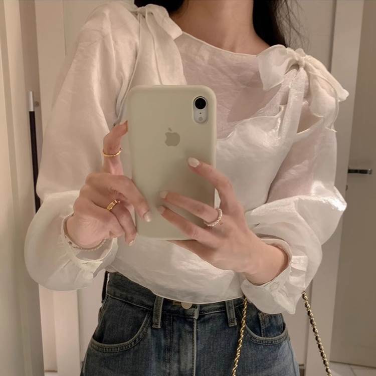 レディース トップス ブラウス アンサンブル 長袖 ノーカラー フェミニン シフォン リボン かわいい 大..