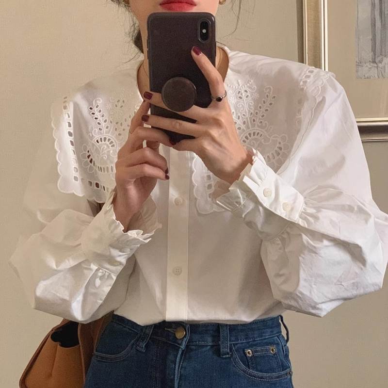 樂天商城 - レディース トップス シャツ ブラウス 長袖 ボリューム袖 角襟 フェミニン 刺? かわいい 大人可愛い きれいめ シンプル カジュアル 上品 おしゃれ ガーリー ラブリー キュート ロマンティック ナチュラル 無地 オールシーズン 10代