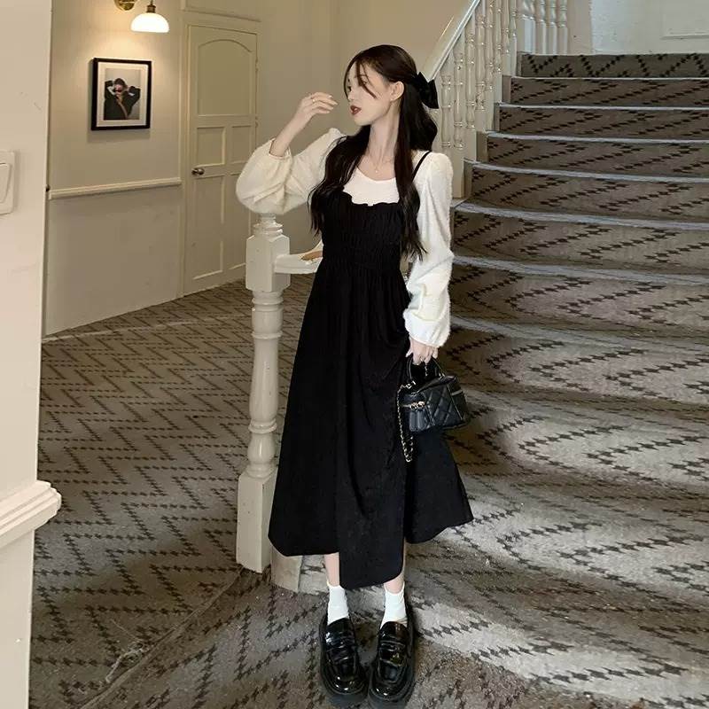 乐天商城 - ワンピース ミモレ ロング パフスリーブ ラウンドネック Aライン ハイウエスト ギャザー 切り替えデザイン バイカラー ドッキング シャーリング ポリエステル かわいい 大人可愛い シンプル おしゃれ ガーリー 主役級 存在感 抜け感