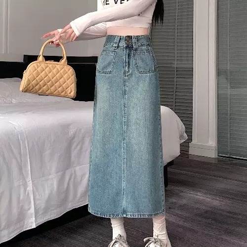 乐天商城 - レディース デニムスカート ロングスカート ミモレ ロング Aライン スリムフィット スリット バックスリット ポケット ハイウエスト ヴィンテージ デニム かわいい 大人可愛い シンプル カジュアル おしゃれ かっこいい こなれ感 ラフ