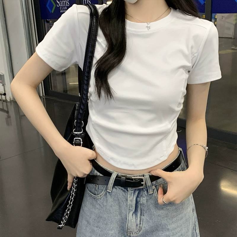 レディース トップス カットソー Tシャツ ショート クロップド丈 半袖 ラウンドネック スリム 細身 ストリート ハイウエスト アメカジ ギャザー 切り替えデザイン シャーリング 薄手 大人可愛い シンプル カジュアル おしゃれ