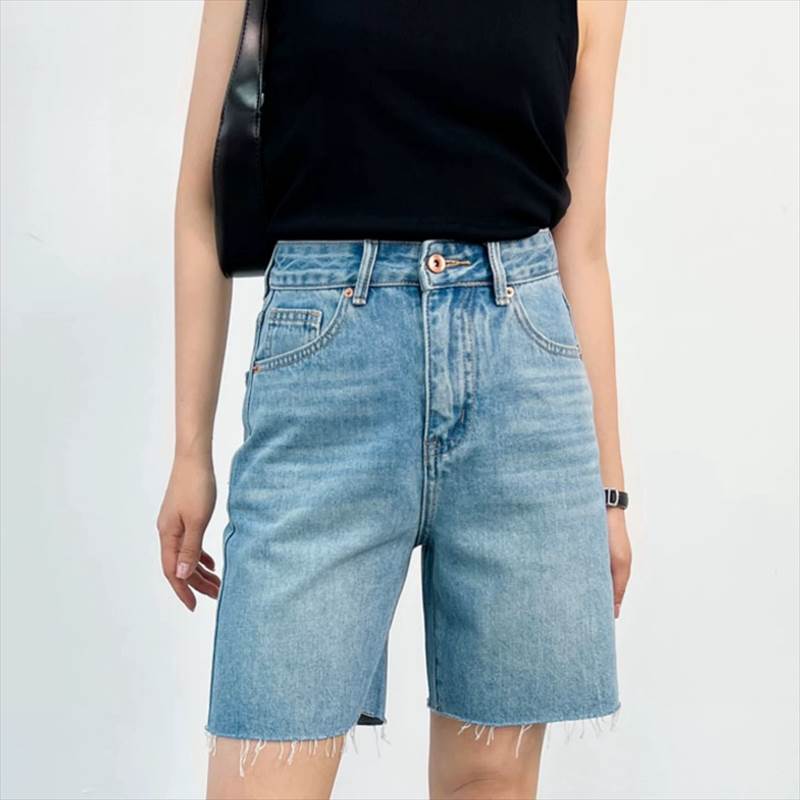 Nylon, Rayon, Polyester - レディース パンツ ボトムス デニム Gパン ショートパンツ ストレートパンツ デニムパンツ ジーンズ ハーフパンツ ショート ハーフ スリム ストレート ファスナー ポケット ハイウエスト アメカジ ウォッシュ ブルーデニム シンプル