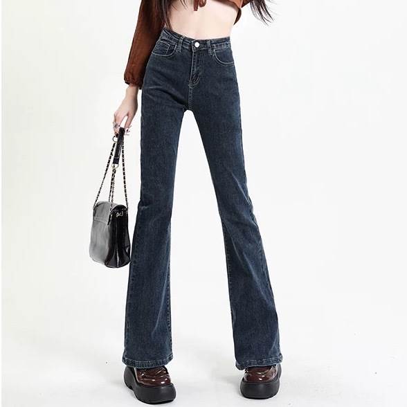 Boot Cut Jeans - レディース パンツ ボトムス デニム ジーンズ Gパン ロングパンツ フレアパンツ デニムパンツ ロング セミフレア スリム 細身 ブーツカット ファスナー ポケット ハイウエスト ボタン アメカジ ウォッシュ ブルーデニム 大人可愛い
