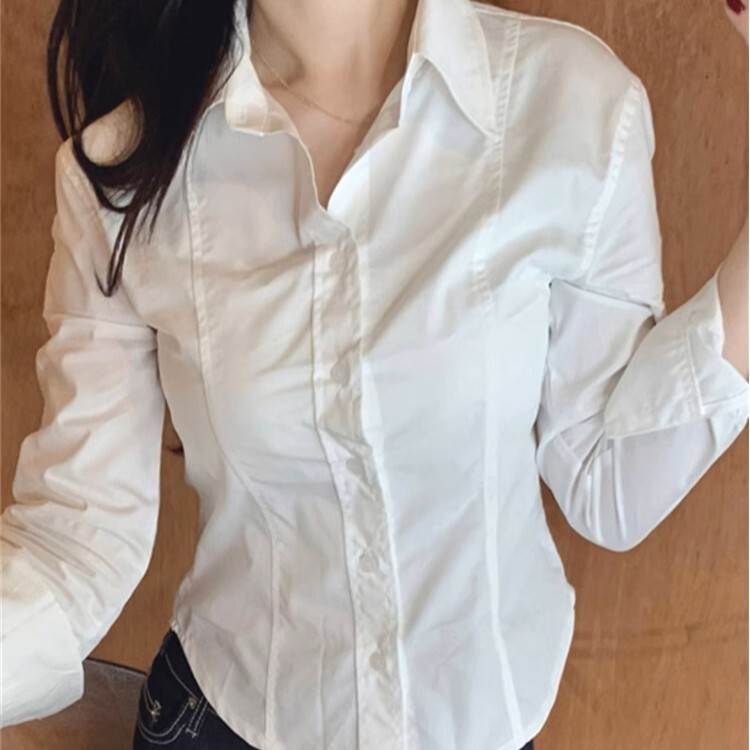 Long-Sleeved - レディース トップス シャツ 前開き 長袖 襟付き ポロカラー スリム 細身 コンサバ ボタン きれいめ シンプル 上品 おしゃれ かっこいい エレガント フォーマル カレッジ風 学生風 ベーシック 無地 春 秋 冬 入学式 入園式 卒業式