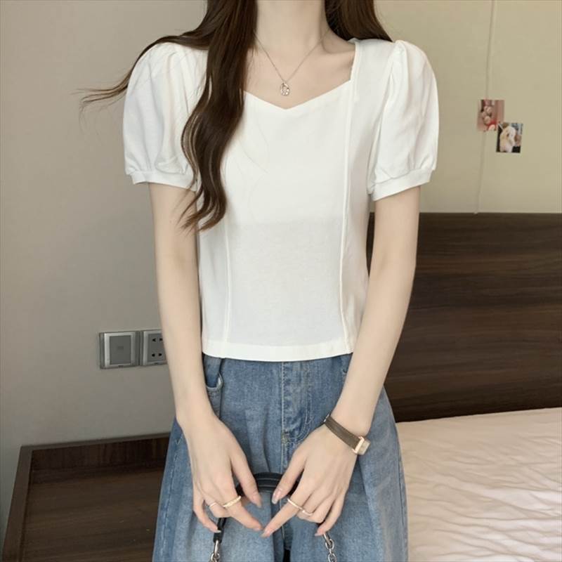 樂天商城 - レディース トップス カットソー プルオーバー Tシャツ ショート 半袖 パフスリーブ Vネック スクエアネック 襟なし タイト スリム フェミニン コンサバ かわいい 大人可愛い きれいめ シンプル カジュアル 上品 おしゃれ こなれ感