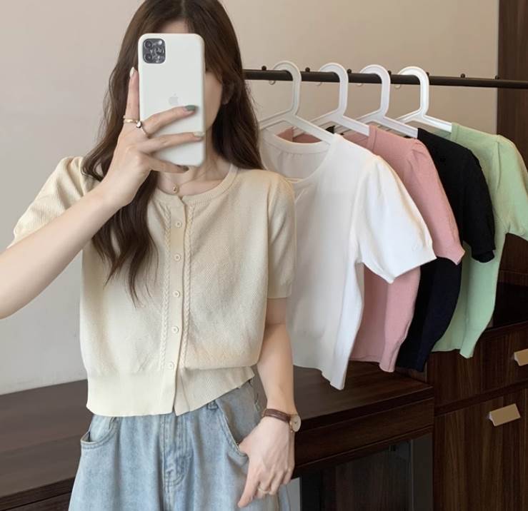 Nylon, Rayon, Polyester - レディース トップス ブラウス カットソー カーディガン アウター 上着 羽織 前開き ショート 半袖 5分袖 ラウンドネック 襟なし スリム ボタン 大人可愛い きれいめ おしゃれ ガーリー ナチュラル 無地 春 夏 秋 ロングシーズン