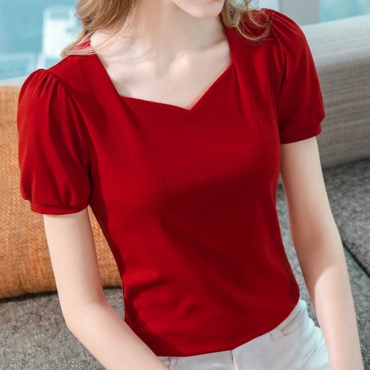 Garments - レディース トップス カットソー 半袖 ペンタゴンネック パフスリーブ かわいい 大人可愛い きれいめ シンプル スリム カジュアル 上品 おしゃれ かっこいい こなれ感 主役級 都会的 春 夏 授業参観 大会 会議 MTG ミーティング