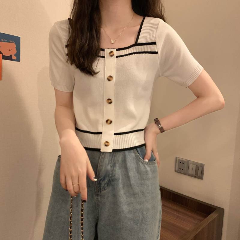レディース トップス ニット セーター 半袖 スクエアネック かわいい ボタン ライン バイカラー 大人可..