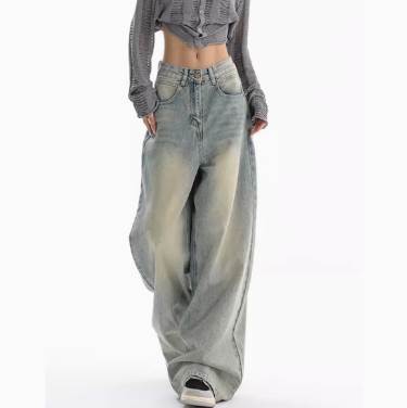 レディース パンツ ボトムス ジーンズ ワイドパンツ デニムパンツ ロング ワイド ファスナー ポケット ハイウエスト ボタン ウォッシュ デニム きれいめ カジュアル おしゃれ かっこいい ラフ ボーイッシュ スポーティー ルーズ