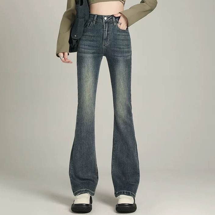 Boot Cut Jeans - レディース パンツ ボトムス デニム ジーンズ Gパン ロングパンツ デニムパンツ フレアパンツ ロング セミフレア スリム ブーツカット ストリート ファスナー ポケット ハイウエスト ボタン ヴィンテージ アメカジ ウォッシュ