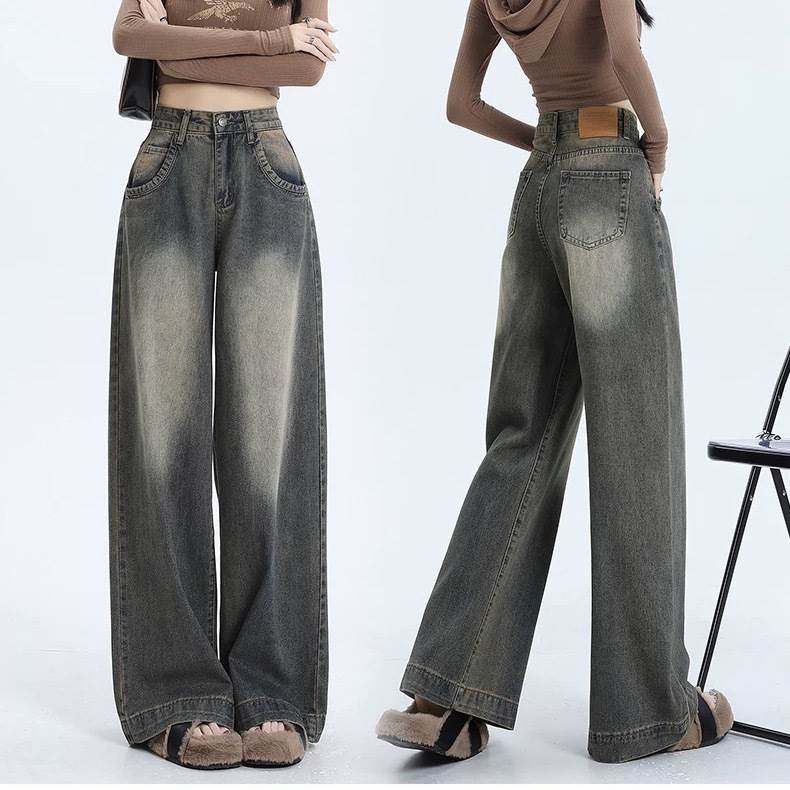 レディース パンツ ボトムス デニム ジーンズ Gパン ロングパンツ ワイドパンツ デニムパンツ ロング ワイド ストリート ファスナー ポケット ハイウエスト ボタン アメカジ ウォッシュ シンプル カジュアル おしゃれ かっこいい