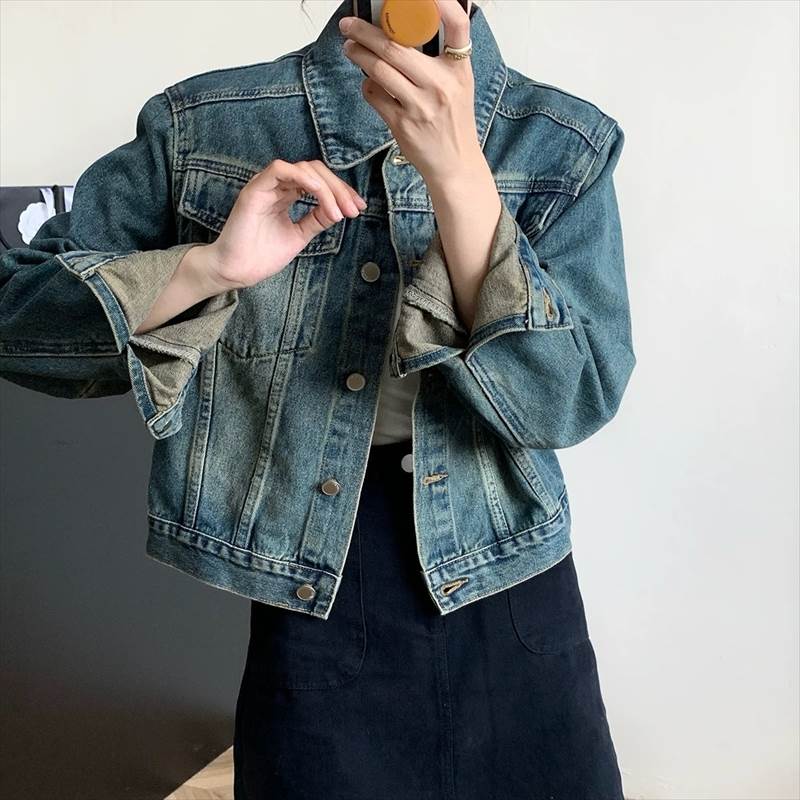 レディース ジャケット アウター 上着 デニム 羽織 前開き デニムジャケット Gジャン 長袖 襟付き ポロカラー ストレート シングルブレスト ポケット ヴィンテージ アメカジ ウォッシュ ユーズド加工 ブルーデニム シンプル カジュアル