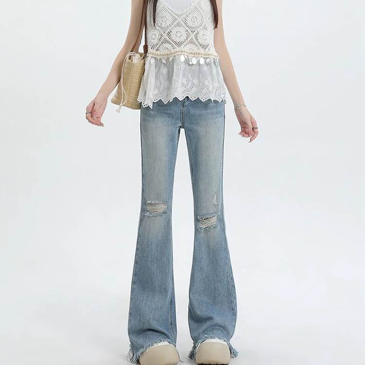 Other - レディース パンツ ボトムス デニム ジーンズ Gパン ロングパンツ デニムパンツ フレアパンツ ロング フルレングス フレア スリム 裾ワイド ブーツカット ファスナー ポケット ハイウエスト ボタン アメカジ ダメージ ウォッシュ