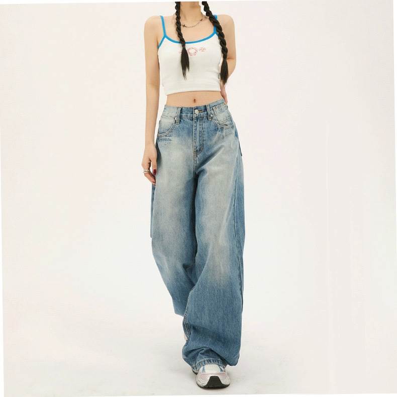 Other - レディース パンツ ボトムス デニム ジーンズ Gパン ストレートパンツ ロングパンツ ワイドパンツ デニムパンツ ロング フルレングス ワイド ストレート ストリート ファスナー ポケット ボタン アメカジ ブルーデニム シンプル