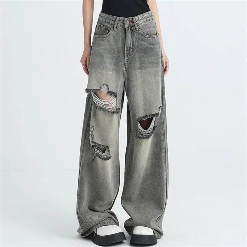 Other - レディース パンツ ボトムス デニム ジーンズ Gパン ロングパンツ ワイドパンツ デニムパンツ ロング ワイド ストレート ストリート ファスナー ポケット ハイウエスト ボタン ヴィンテージ アメカジ ダメージ ウォッシュ カジュアル