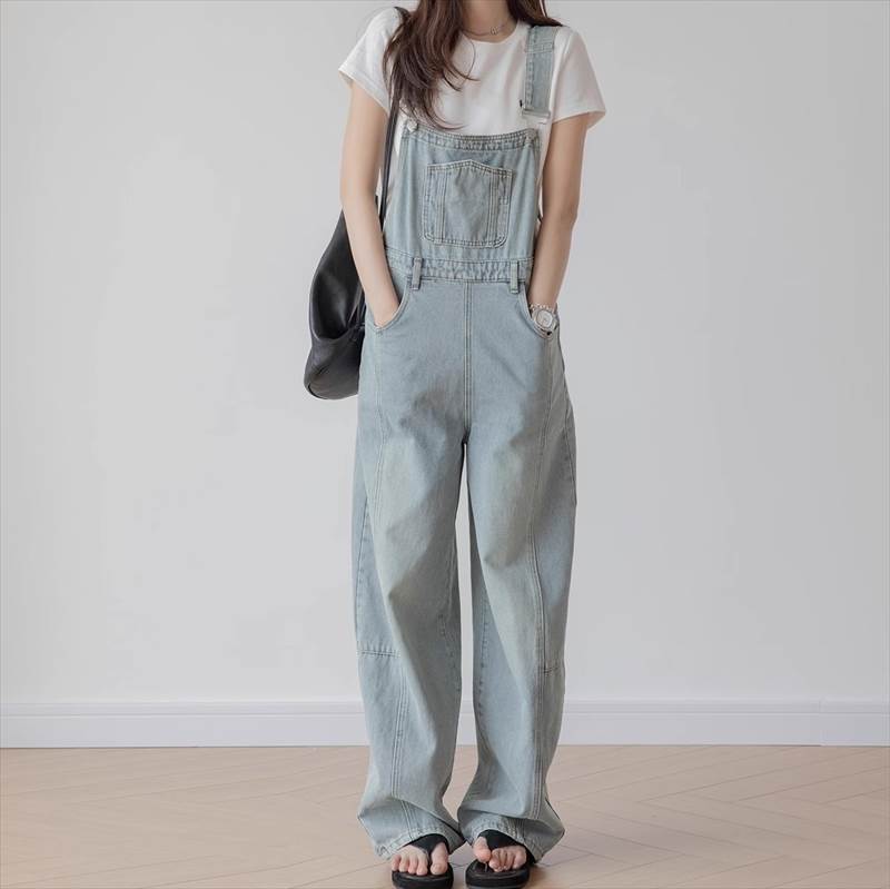 乐天商城 - 休日スタイル レディース ボトムス サロペット オールインワン デニム フルレングス 袖なし ノースリーブ ストレート ストリート ウエストマーク ポケット ハイウエスト アメカジ シンプル カジュアル おしゃれ レトロ こなれ感 ラフ