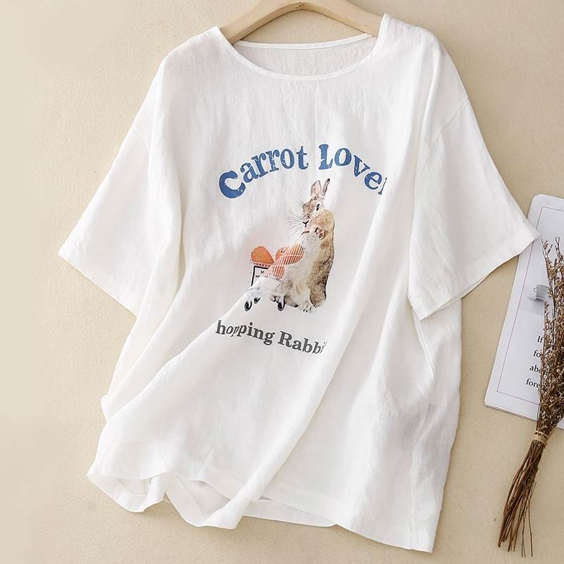 プリント Tシャツ レディース トップス カットソー 半袖 ラウンドネック ウサギ ワイド かわいい 大人可愛い きれいめ シンプル カジュアル 上品 おしゃれ かっこいい こなれ感 ラフ ガーリー ルーズ エレガント 存在感 抜け感