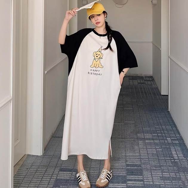 乐天商城 - 休日スタイル 夏コーデ ワンピース マキシ 7分袖 ラグラン ラウンドネック ストレート Iライン ストリート かわいい 大人可愛い シンプル カジュアル おしゃれ レトロ ラフ ガーリー 抜け感 ラブリー キュート 学生風 アクティブ