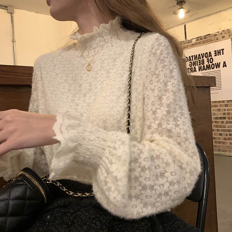 甘め レディース トップス ニット セーター プルオーバー 長袖 ボリューム袖 フリル袖 ハイネック スト..