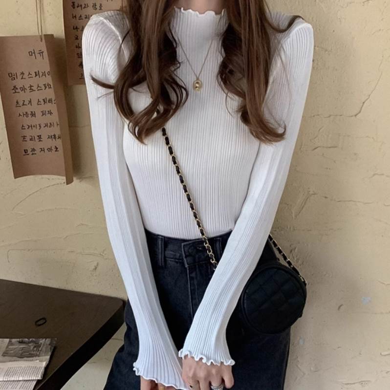 レディース トップス カットソー プルオーバー 長袖 萌袖 ハイネック スリム 細身 スマート 伸縮性 薄手 かわいい 大人可愛い きれいめ シンプル カジュアル 上品 おしゃれ かっこいい レトロ こなれ感 ラフ ガーリー ルーズ 個性的(4.0)