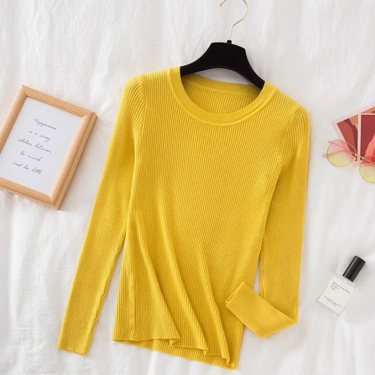 レディース トップス ニット セーター プルオーバー 長袖 ラウンドネック スリム 細身 スマート 伸縮性..