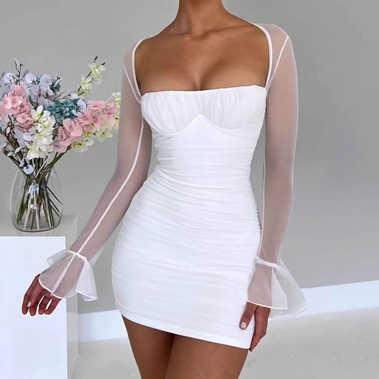 レディース スカート ワンピース ドレス タイトスカート ミニスカート 長袖 スクエアネック メッシュ タイト スリム 細身 スマート レース ハイウエスト レースアップ 透け感 シースルー バックレス かわいい 大人可愛い きれいめ(4.0)