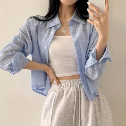 乐天商城 - レディース トップス シャツ ブラウス カーディガン 長袖 襟付き 角襟 ボタンダウン かわいい きれいめ シンプル カジュアル 上品 おしゃれ ルーズ 抜け感 都会的 ナチュラル ストライプ 春 夏 秋 冬 オールシーズン シーズンレス