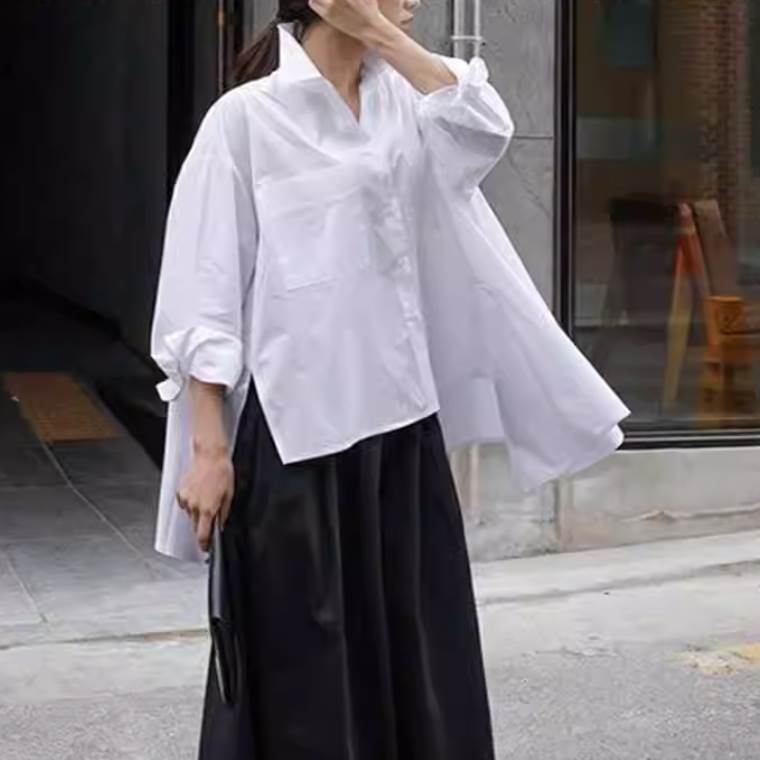 Long-Sleeved - レディース シャツ ブラウス 長袖 前開き 襟付き ワイド オーバーサイズ ボタン 薄手 かわいい 大人可愛い きれいめ シンプル カジュアル 上品 おしゃれ かっこいい レトロ エキゾチック こなれ感 ラフ ルーズ 個性的 クール