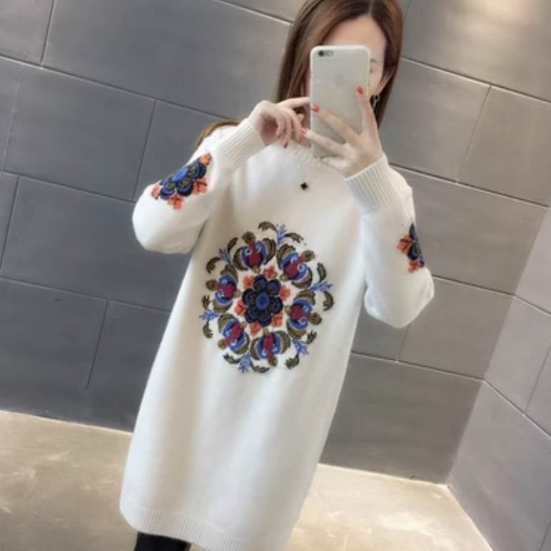 レディース トップス ニット セーター プルオーバー 丈長め ミディアムレングス 長袖 ラウンドネック ..