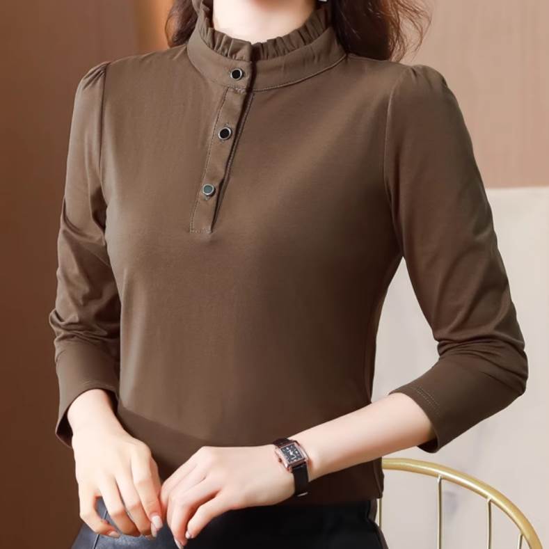 樂天商城 - レディース トップス ロンT シャツ Tシャツ 長袖 スタンドカラー スリム 細身 スマート フェミニン ボタン かわいい 大人可愛い きれいめ シンプル カジュアル 上品 おしゃれ レトロ こなれ感 ラフ ガーリー 個性的 クール