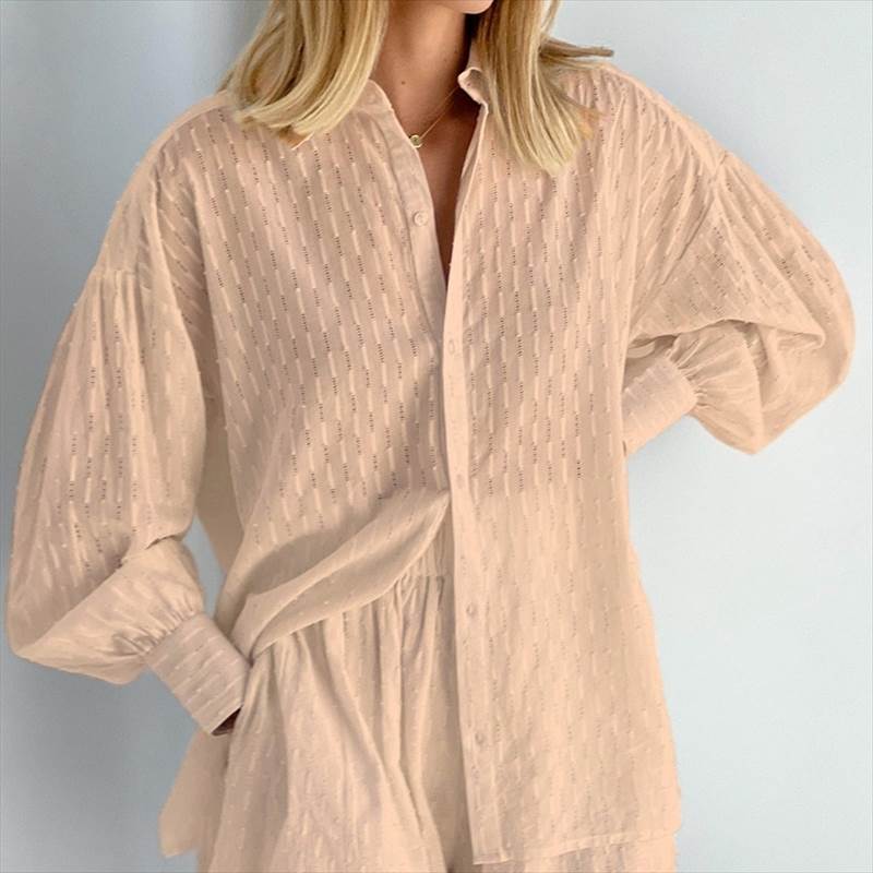 2点セット セットアップ 上下セット シャツ 長袖 襟付き 前開き ボタン ショートパンツ ウエストゴム ポケット かわいい 大人可愛い き..