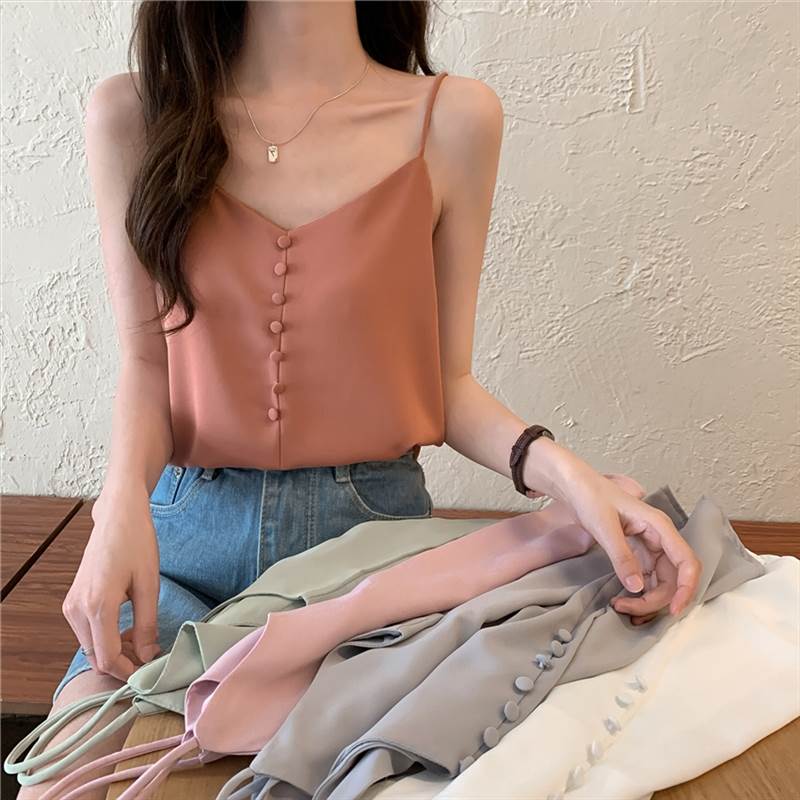 フロントボタンキャミソール トップス キャミソール 袖なし ノースリーブ Vネック かわいい 大人可愛い きれいめ シンプル カジュアル ..