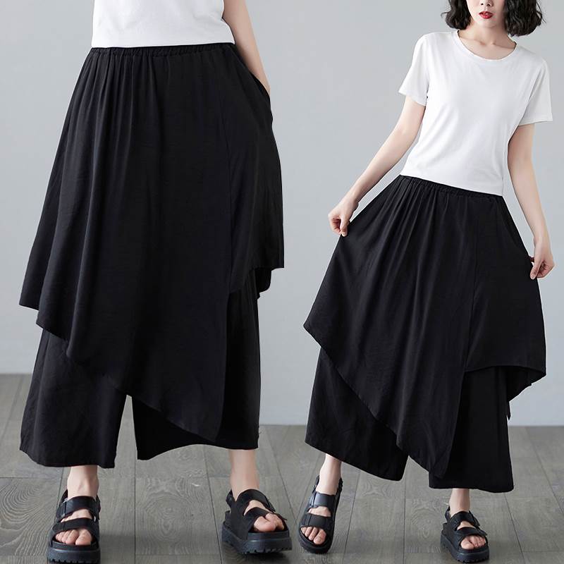 乐天商城 - ドレス パンツ 女性 夏 7 分パンツ ゆったりワイドレッグナイトスカート パンツ 7分丈 ワイド ドッキング ウエストゴム 薄手 大人可愛い きれいめ シンプル カジュアル 大人 おしゃれ レトロ アジアン 大人女子 こなれ感 ラフ 無地 春 夏 秋 10代 20代 30代 40代