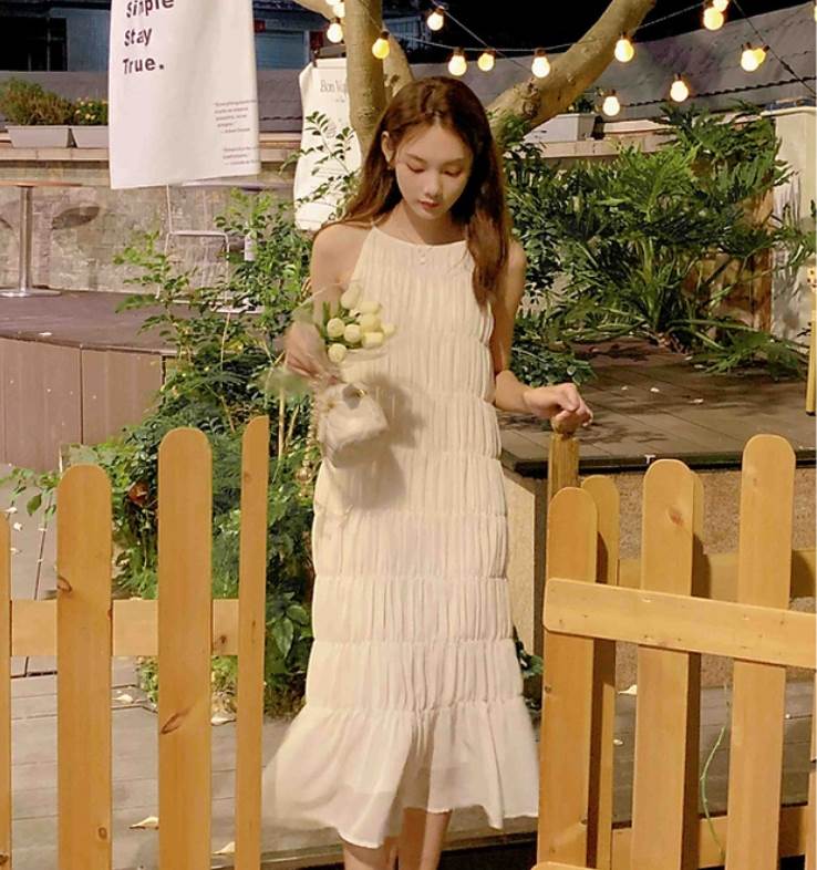 乐天商城 - ティアード ワンピース ロング丈 袖なし ノースリーブ ラウンドネック Aライン フリル ポリエステル かわいい シンプル 上品 大人可愛い とろみ感 無地 春 夏 10代 20代 30代 40代 レディース 女性用 着回し 普段使い 重ね着 モテ S M L XL 2XL アプリコット