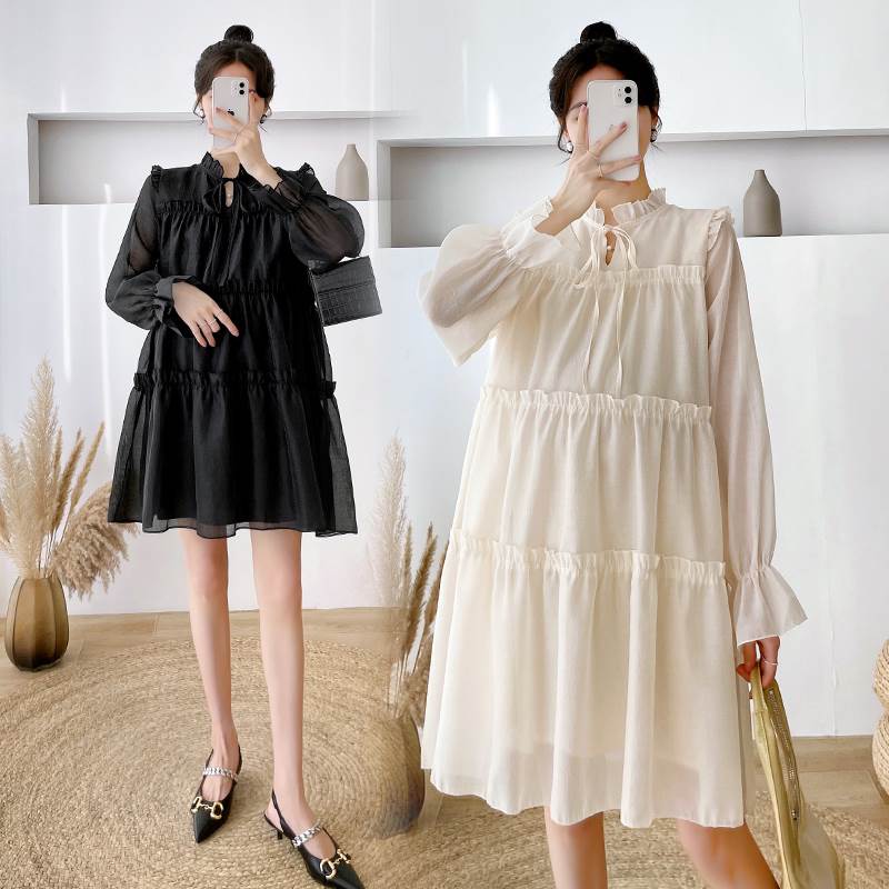樂天商城 - マタニティ ドレス 秋服 ファッション ウッドイヤーサイド 長袖 メッシュ ドレス ルーズ ビッグサイズ スカート 秋 ワンピース フレアワンピース 膝下 長袖 ハイネック ワイド シフォン フリル リボン 透け感 大人可愛い きれいめ シンプル カジュアル 大人 おしゃれ