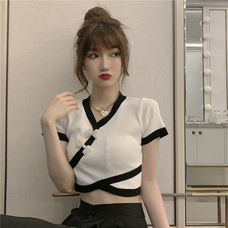 Rakuten - カシュクール半袖ニット トップス ニットソー セーター ショート ショート丈 袖あり 半袖 Vネック カシュクール リボン かわいい 大人可愛い きれいめ シンプル カジュアル 大人 上品 おしゃれ お洒落 大人可愛い 大人女子 こなれ感 ラフ キュート ガーリー 個性的