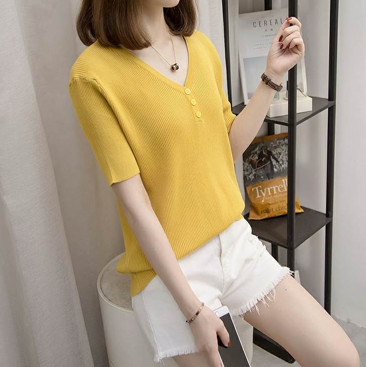 半袖ニット トップス ニットソー セーター 袖あり 半袖 Vネック リブニット かわいい 大人可愛い きれいめ シンプル カジュアル 大人 上品 おしゃれ お洒落 大人可愛い 大人女子 こなれ感 ラフ ラブリー キュート ガーリー 個性的 モダン 主役級 存在感 無地 春 夏 秋