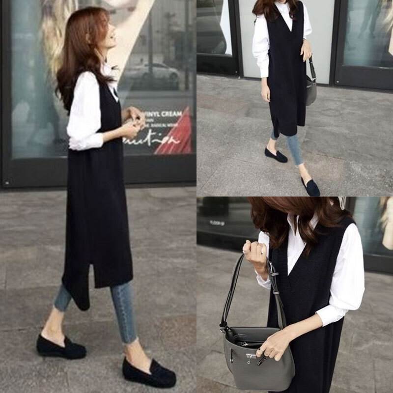 トップス プルオーバー ベスト 膝丈 ひざ丈 袖なし ノースリーブ Vネック Iライン サイドスリット ニット カジュアル おしゃれ お洒落 大人女子 こなれ感 無地 秋 10代 20代 30代 40代 50代 60代 レディース 女性用 ママ デート お出かけ 休日 着回し 普段使い 重ね着