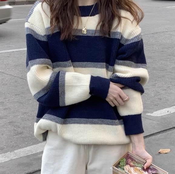 トップス セーター ミディアム丈 袖あり 長袖 ドロップショルダー ラウンドネック 襟なし ストレート リブニット ニット 厚手 かわいい 大人可愛い シンプル カジュアル おしゃれ お洒落 大人女子 ラフ メンズライク マニッシュ ボーイッシュ ルーズ クール ボーダー 秋