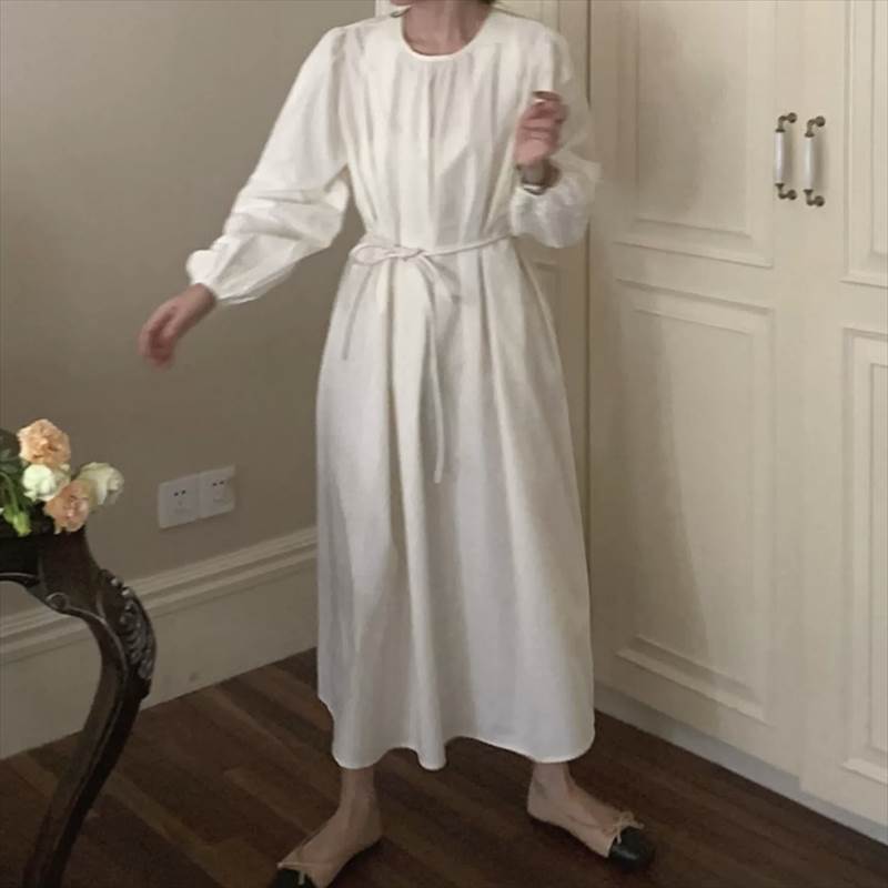 レディース ワンピース ロングワンピース ロング丈 ラウンドネック Aラインスカート ウエストリボン 袖あり 長袖 プルオーバー ルーズ 大人可愛い きれいめ シンプル カジュアル 大人 上品 お洒落 かっこいい レトロ 大人女子 こなれ感 ラフ クール モード系 モダン