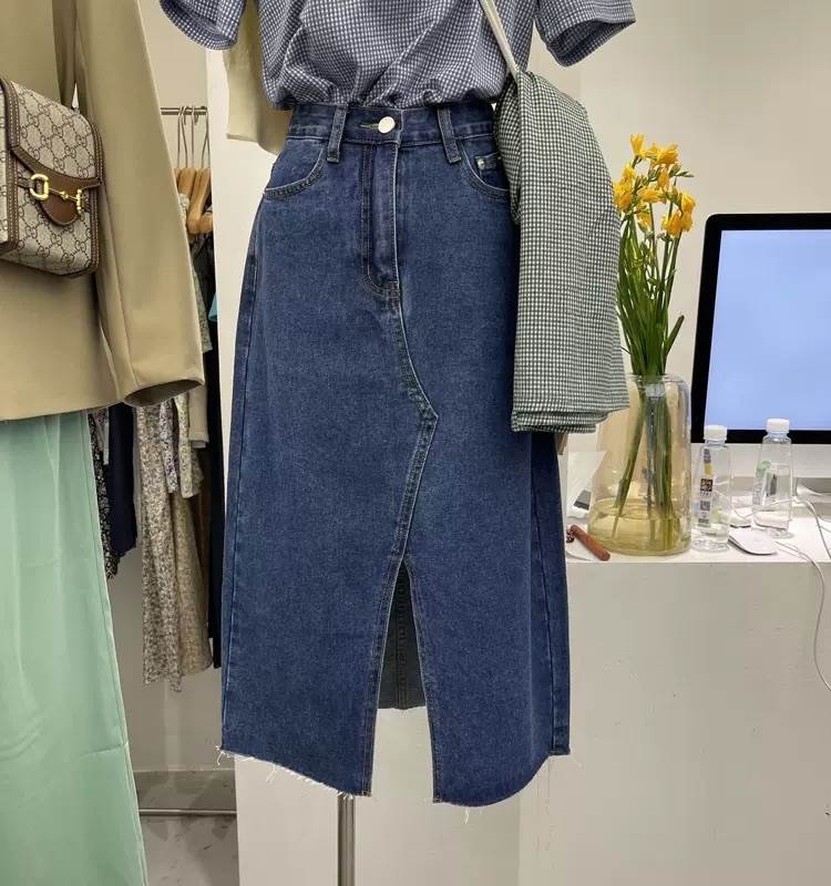 レディース スカート デニムスカート 膝丈 デニム スリット ハイウエスト 無地 スリム 細身 大人可愛い きれいめ シンプル カジュアル ..