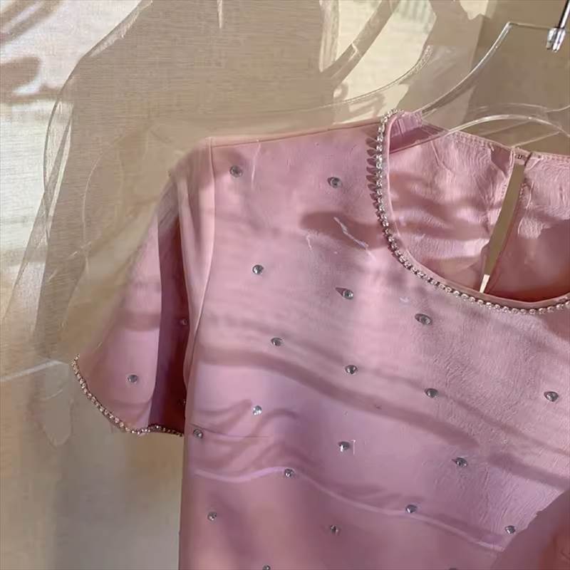 乐天商城 - ピンク トップス 半袖 Tシャツ キラキラ ラメ サラサラ生地 スッキリ 丸襟