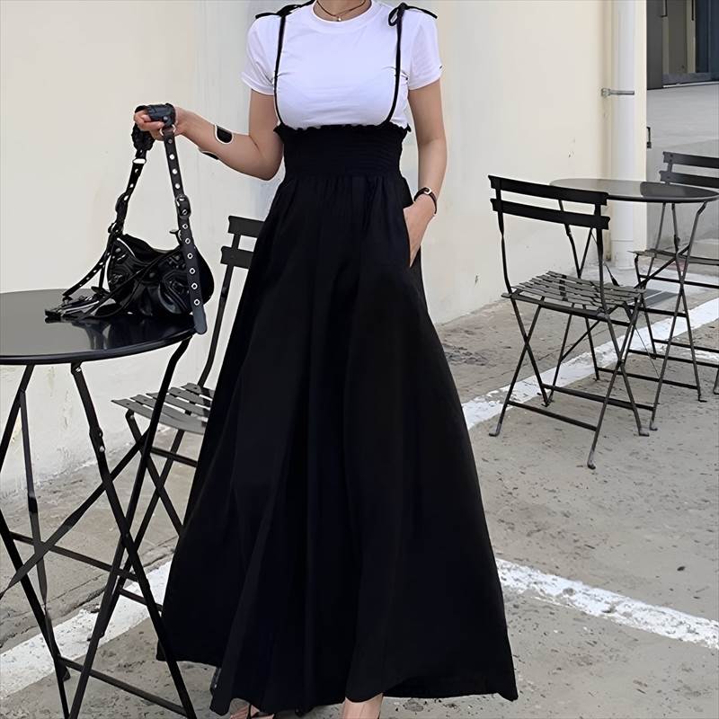 セットアップ ロングパンツ＆半袖Tシャツ サスペンダー付き ハイウェスト フレアー 春 夏