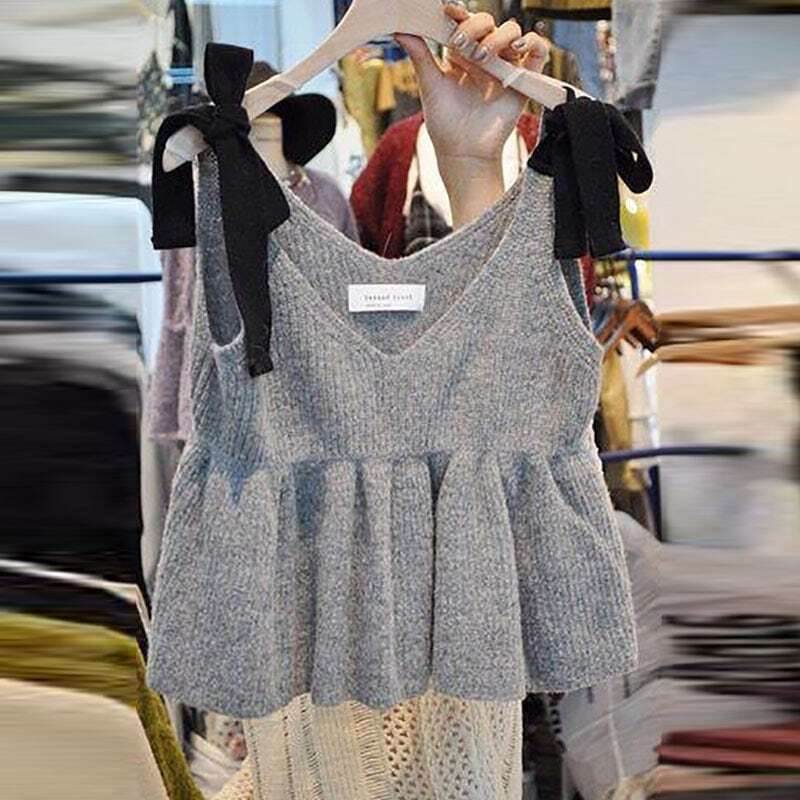 タンクトップ キャミソール 2色 グレー カーキ ニット ベスト フリル Vネック ベスト セーター チャレコス フリル クロップ トップ ノ..