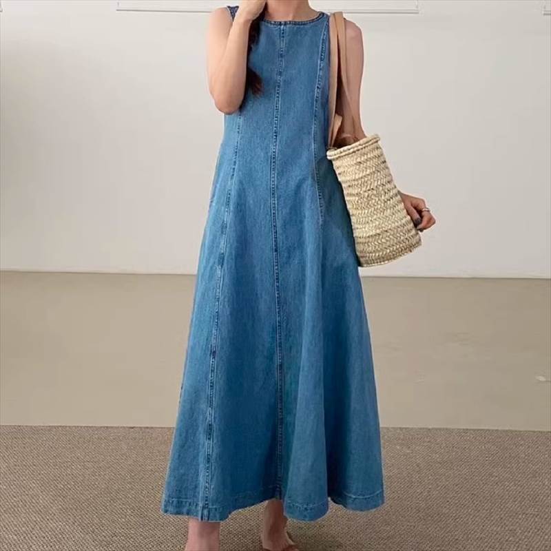 樂天商城 - デニム素材 ロングワンピース ノースリーブ フレア レディース 春 夏