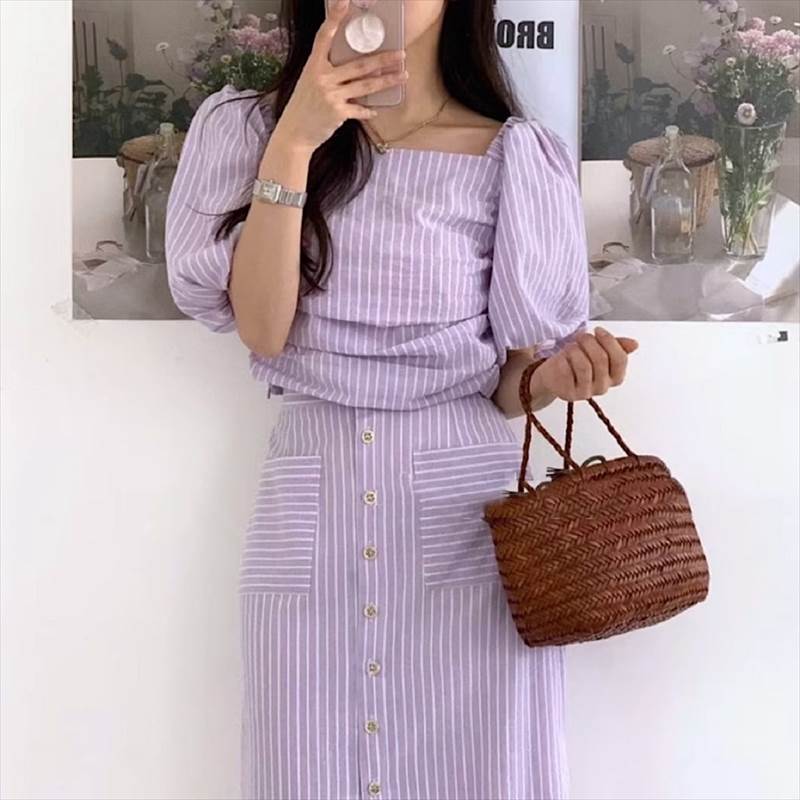 乐天商城 - セットアップ 2色 パフスリーブブラウス＆タイトスカート セット リネン素材 ロング Hライン センターボタン 春 夏 ツーピース