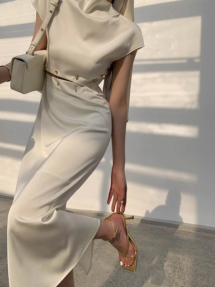 乐天商城 - ワンピース フレンチドレス ビーズ バックル Aラインスカート ノースリーブ パーティー ドレスコード ビジネス