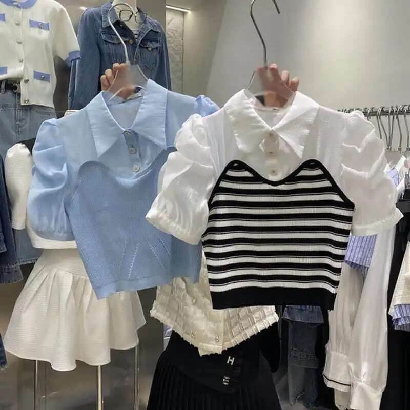 樂天商城 - ニット ドッキングブラウス シフォン 4色 ボーダー ブルー ホワイト ピンク フリーサイズ ミニ丈 大人女子