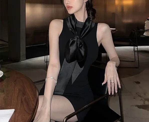 樂天商城 - ワンピース ワンカラー ブラック リボン ノースリーブ